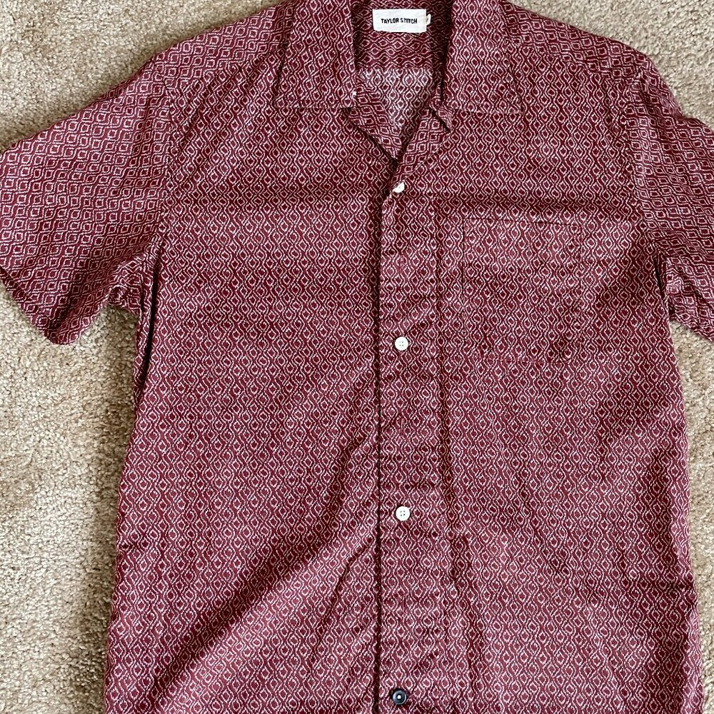 Taylor Stitch Shirt Mens 38 Linen Blend Geometric Button Up Short Sleeve Shirt